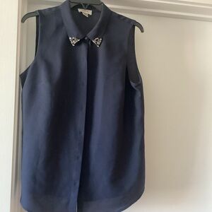 Navy Sleeveless Top with Embellished Collar